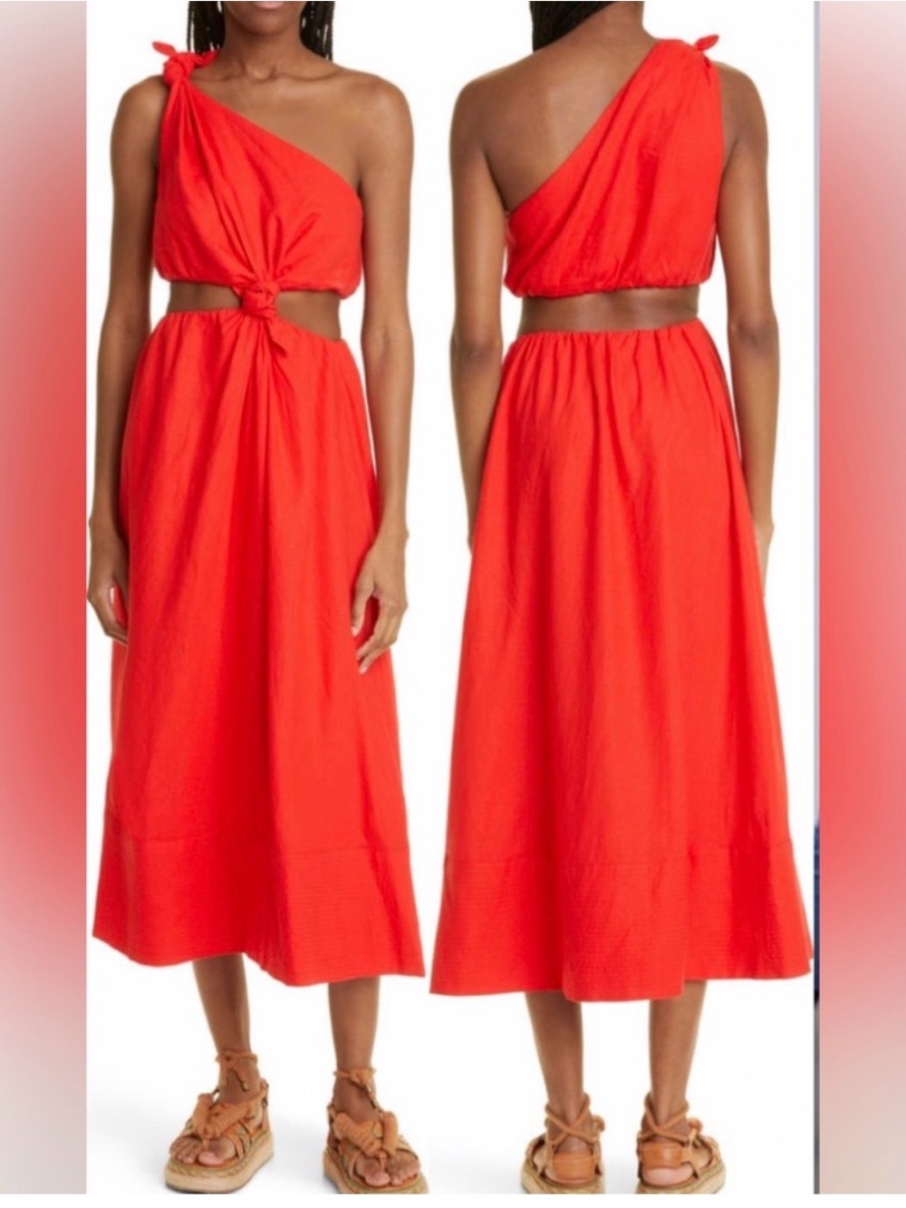 Red One-Shoulder Tie-Waist Midi Dress - Picture 2 of 3